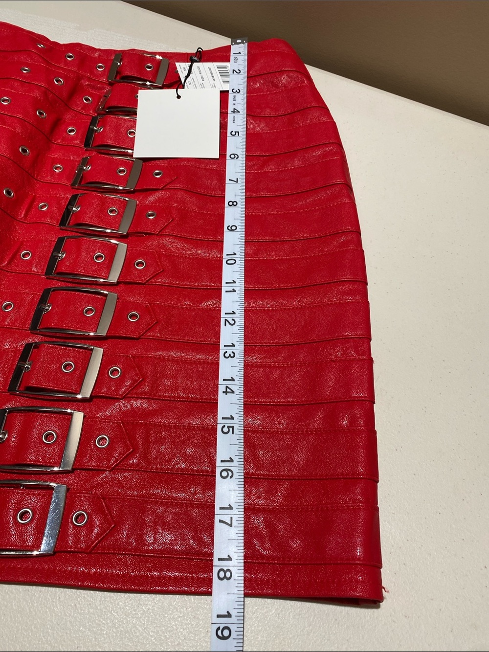 New Faux Leather Straight Mini Skirt Size 10 CherryRed Buckle Details Rocker - Picture 6 of 13